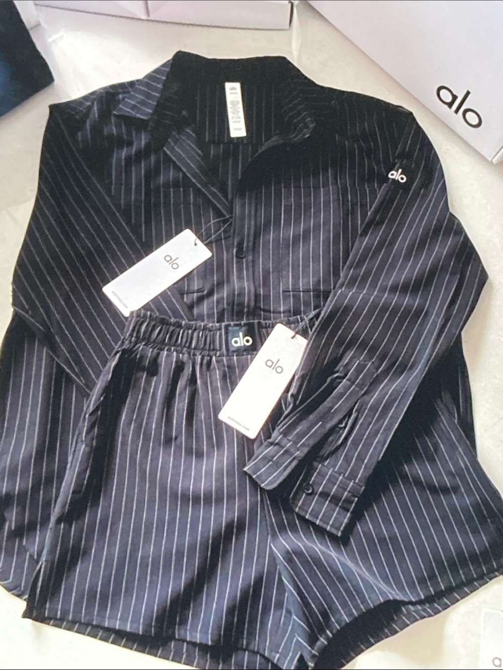 ALO Yoga Black Pinstripe Button-Down Top and Shorts Set
